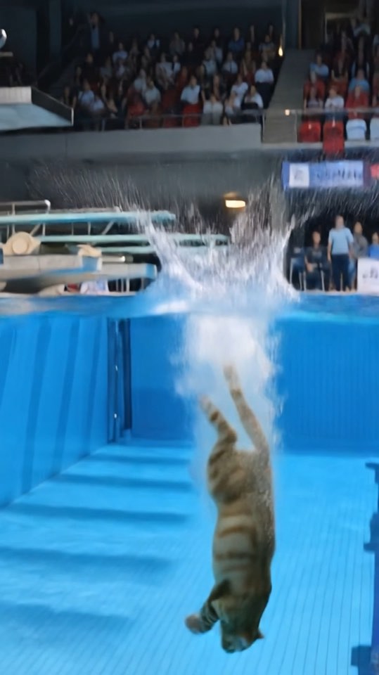 A cat tucked in mid-air above an Olympic diving platform in a floodlit arena.