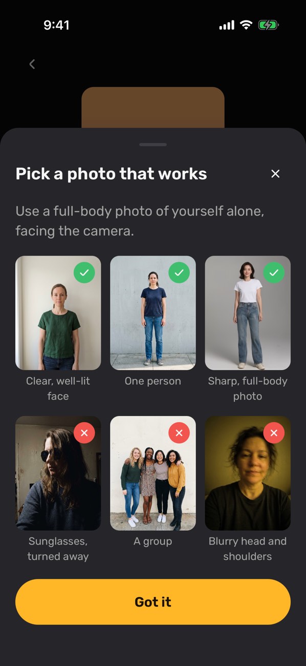 Zaki showing which photos work: full body, one person, facing the camera, well lit.